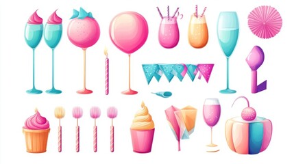 Collection colorful of objects party-themed for anniversary and birthday. Set of festive decorative design elements for party in realistic 3d cartoon 