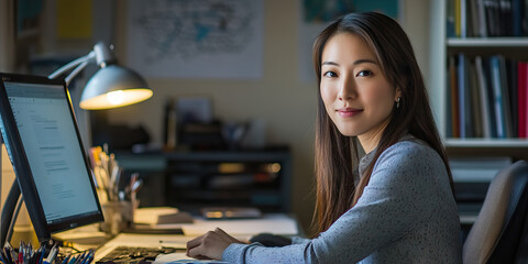 Multicultural Workplace: Asian American Professional at Her Desk.