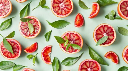 Naklejka premium Grapefruits cut in half with leaves on top of a green surface