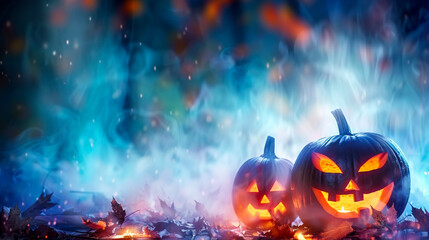 Spooky Jack-o'-Lanterns with Mysterious Blue Mist