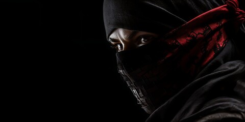 An assassin ninja is wearing a hooded mask. The image has a dark and mysterious mood, with the person's face obscured by the mask. Banner with copy space