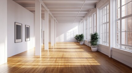 Fototapeta premium A commercial space with hardwood floors, offering a warm contrast to the modern, minimalist interior design.