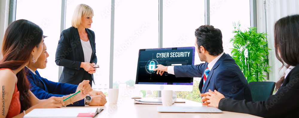 Poster cyber security system on computer screen protect private information snugly from hacker and cyber at