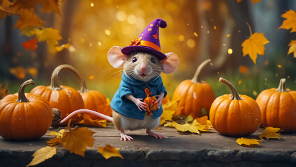 Naklejka premium Cute mouse, autumn, pumpkin in nature 