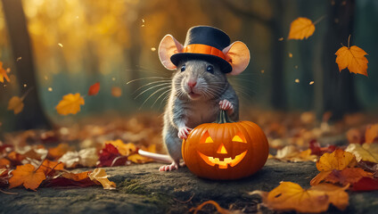 Cute mouse, autumn, pumpkin in nature   season 