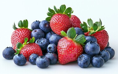 Obraz premium Fresh Organic Strawberries and Blueberries Arrangement on Clean Background