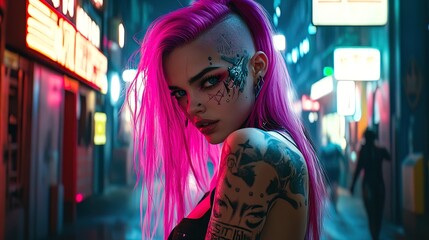 Obraz premium Vibrant Cyberpunk Warrior Poster: A Fierce Fighter with Pink Hair and Intricate Tattoos in a Neon Urban Landscape - Perfect for Sports Interiors and Futuristic Spaces!