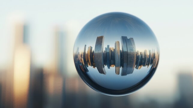 A closeup of a mercurymade sphere its surface fluid and everchanging reflecting a futuristic cityscape background in soft focus to emphasize the reflective details