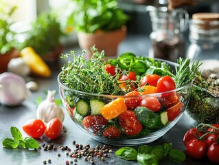 Fresh Organic Vegetables and Herbs Displayed in a Glass Bowl on Kitchen Counter