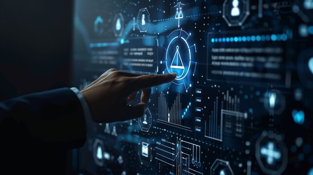 Businessman engaging with virtual justice scale and ai elements in sophisticated digital environment