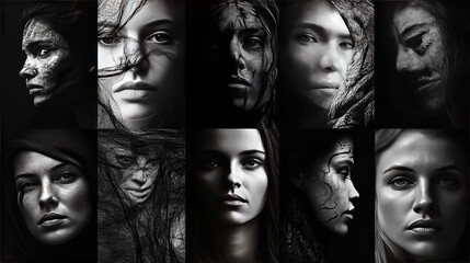 A powerful collage of women's portraits in black and white, highlighting the diverse expressions and emotions of each subject.