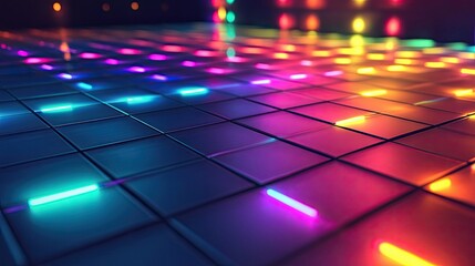A radiant disco floor, its colorful lights pulsing in rhythm with the music, setting the stage for a night of dancing.