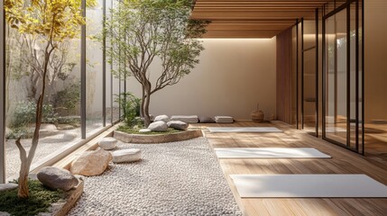 Minimalist yoga studio with mats, pillows, accessories, parquet floor, garden, meditation area