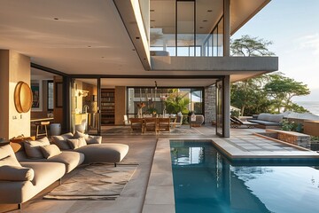 Modern living room and patio next to swimming pool