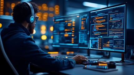 Futuristic digital landscape around IT specialist, Generative AI, AI-enhanced cyber defense, advanced tech security imagery