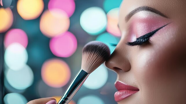 Drag queen in the process of makeup application, intense focus, colorful stage lights, Generative AI, gender expression