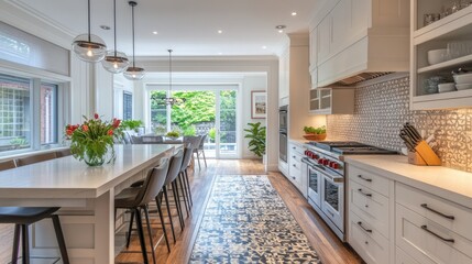 A sleek modern kitchen with a hardwood floor, adorned with a stylish, patterned carpet that adds warmth and texture to the space.