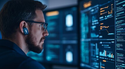 Portrait of cybersecurity professional with AI data visualization, Generative AI, modern tech interface, network protection