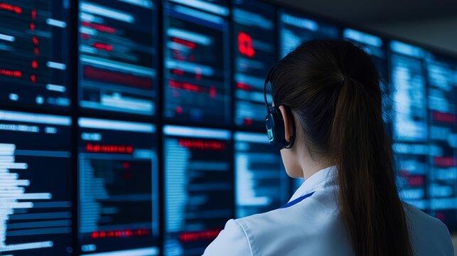 Portrait of cybersecurity professional with AI data visualization, Generative AI, modern tech interface, network protection