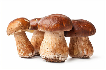 Set of brown cap boletus mushrooms on white background.