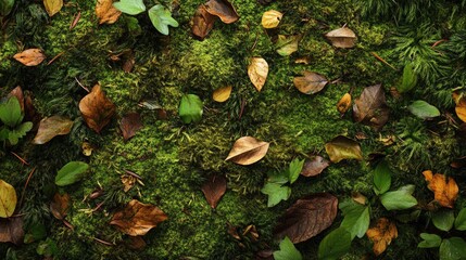 A verdant green forest floor, its texture a mix of soft moss, fallen leaves, and small plants, creating a vibrant natural scene.