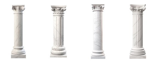 Collection of white marble pillars isolated on transparent background