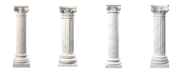 Collection of white marble pillars isolated on transparent background