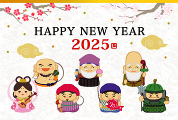 Fototapeta premium 2025年 年賀状用はがきテンプレート 七福神のイラスト