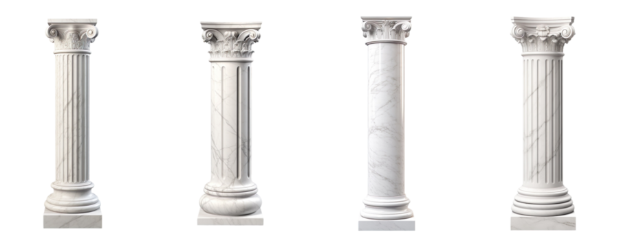 Collection of white marble pillars isolated on transparent background