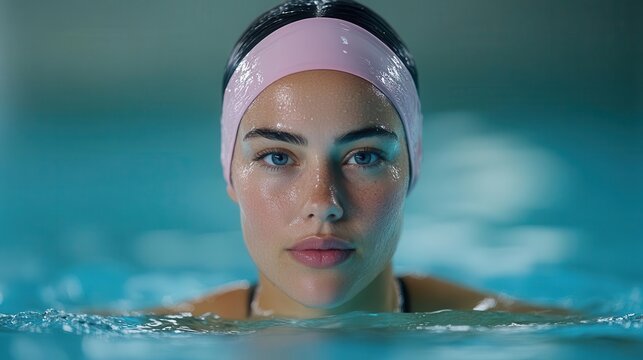 A focused swimmer gazes ahead, showcasing determination and grace while submerged in a serene pool environment.