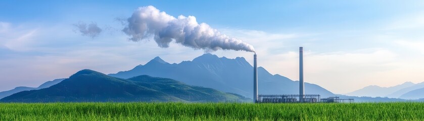 Fototapeta premium A scenic landscape featuring a factory with smoke rising against a backdrop of mountains and a green field, highlighting industrial impact.