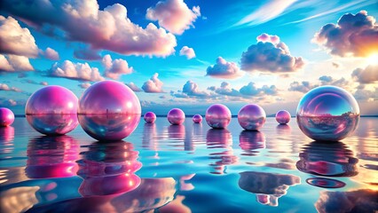 Surreal image of reflective pink spheres floating on a calm ocean under a vibrant sky with fluffy clouds, blending fantasy and reality in a dreamlike landscape