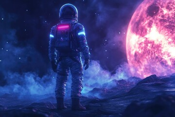 Fototapeta premium A man in a space suit stands on a rocky surface looking up at a large red planet