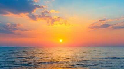 Sunset, Sky clouds over sea in the Evening with Orange, Yellow Gold sunlight in Golden hour and Dramatic fluffy, Horizon sea Summer sky 