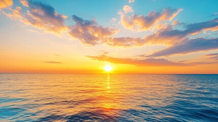 Obraz premium Sunset, Sky clouds over sea in the Evening with Orange, Yellow Gold sunlight in Golden hour and Dramatic fluffy, Horizon sea Summer sky 