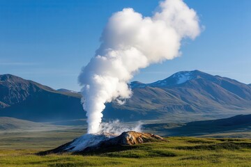 A stunning view of a geyser erupting in a serene landscape, surrounded by mountains and clear blue sky, showcasing nature's power.