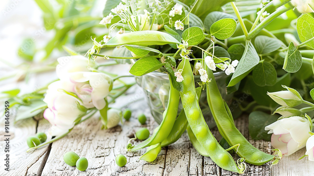 Sticker a group of peas resting atop a wooden table near a vase brimming with green beans and blossoms