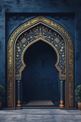 Obraz premium Ornate golden Islamic archway against a dark blue background