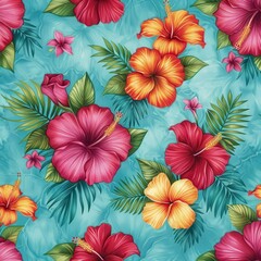 Vibrant photorealistic hibiscus flowers pattern with tropical foliage on aqua background