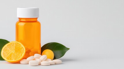 Vibrant orange bottle with tablets, citrus fruit, and leaves on a light background, symbolizing health and wellness.