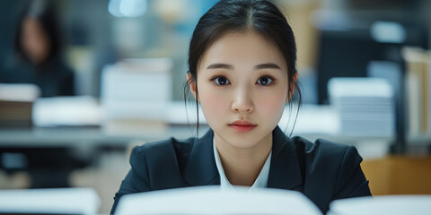 Young Asian female accountant in a business suit, focused on her work at a desk-free open office