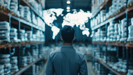 A person standing in a warehouse, visualizing global logistics and inventory management with a world map projection.
