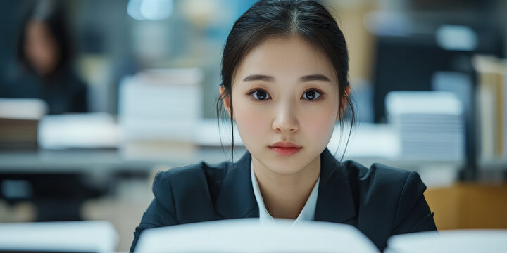 Young Asian female accountant in a business suit, focused on her work at a desk-free open office