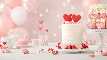 Naklejka premium A table with a white cake and pink balloons. The cake has red hearts on it. The table is decorated with other items such as cups, a bowl, and a cupcake. Scene is celebratory and festive.
