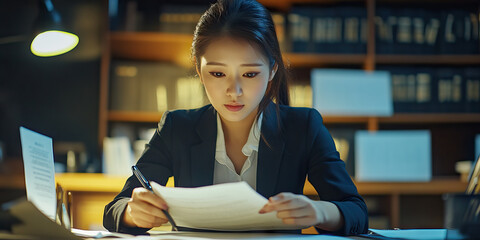 Young Asian female accountant in a business suit, focused on her work at a desk-free open office
