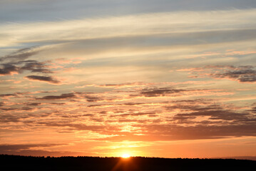 A colorful sunset on the background of the forest horizon. The setting sun.