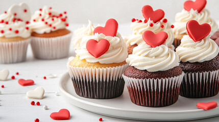 A white plate with six cupcakes decorated with red hearts. The cupcakes are arranged in a row and are placed on a table.