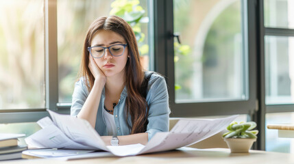 Fototapeta premium A young woman studies paperwork thoughtfully, surrounded by natural light and greenery, conveying focus and reflection.
