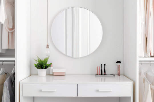 Stylish white dressing table with round mirror, makeup tools, and a plant, creating a modern vanity aesthetic.