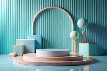 green and white cylinder pedestal podium with arch shape backdrop. abstract pastel green color. 3d rendering
